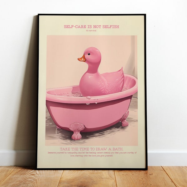 Retro Bathroom Print Rubber Duck Bathroom Digital Self Care Print Pink Wall Art Vintage Duck Printable Art Pink Bathroom Print Toilet Poster