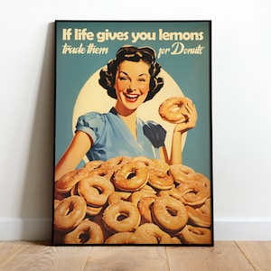 Retro Kitchen Art Print Doughnut Print Cafe Wall Art Donut Poster Bakery Wall Art Retro Kitchen Wall Art  Funny Poster 50s Style Posters Fun