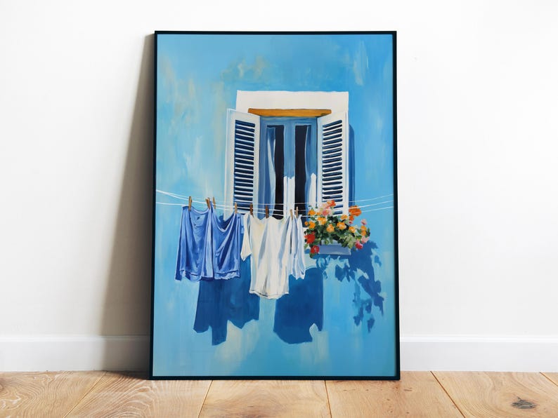 Blue Laundry Art Digital Print Utility Room Art Colourful Italy Art Farmhouse Wash Art Wash Room Decor Clotheline Art Hanging Laundry Print
