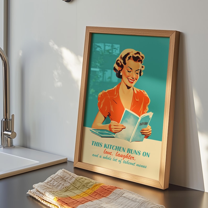 Digital print of 1950s retro housewife art in midcentury kitchen setting, atomic age decor style, kitschy relatable print for apartment decor wall art.