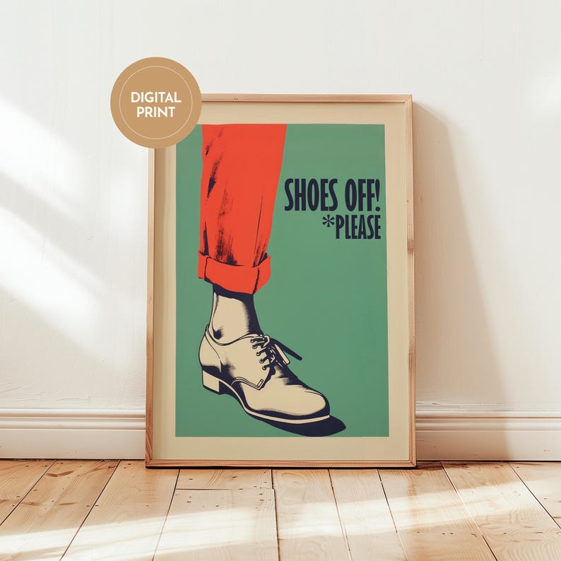 Retro vibe art print for your entrence decor, narrow hallway decor for any shoe free house, "Shoes off please", bright poster.