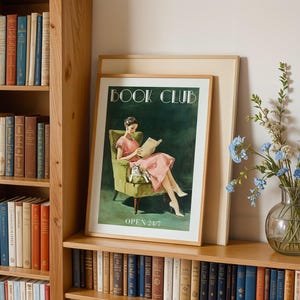 Book Club Wall Art – Retro Woman Reading Digital Print Cat, Vintage Book Lover Decor, Literary Poster, Reading Nook Printable