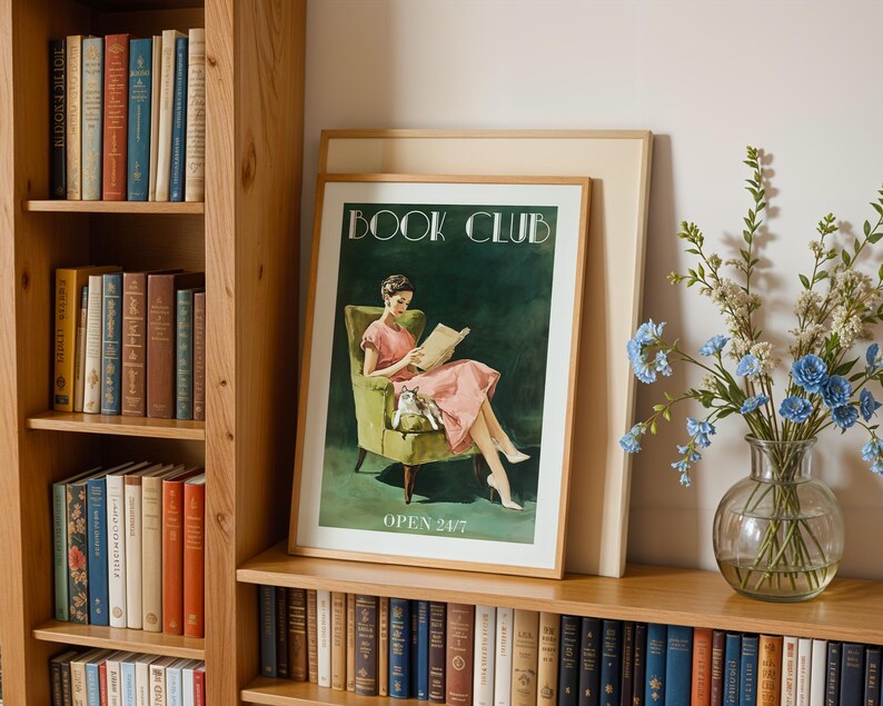 Book Club Wall Art – Retro Woman Reading Digital Print Cat, Vintage Book Lover Decor, Literary Poster, Reading Nook Printable