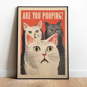 Funny Toilet Cat Prints for Bathroom Wall Art Are You Pooping Toilet Wall Art Bathroom Prints Retro Toilet Art Print Fat Cats Funny Poster
