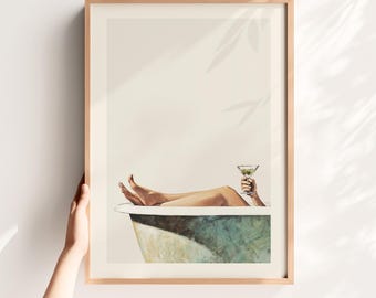 Funny Bathroom Art – Retro Bath Wall Art Vintage Martini Poster Minimalist Print (Digital Download)