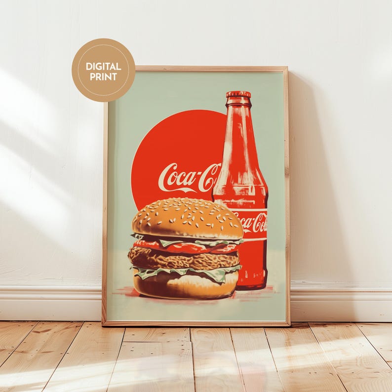Retro burger and Coca-Cola bottle illustration with red circle background — coca cola poster, vintage coke poster, retro food art, 1950s wall decor.