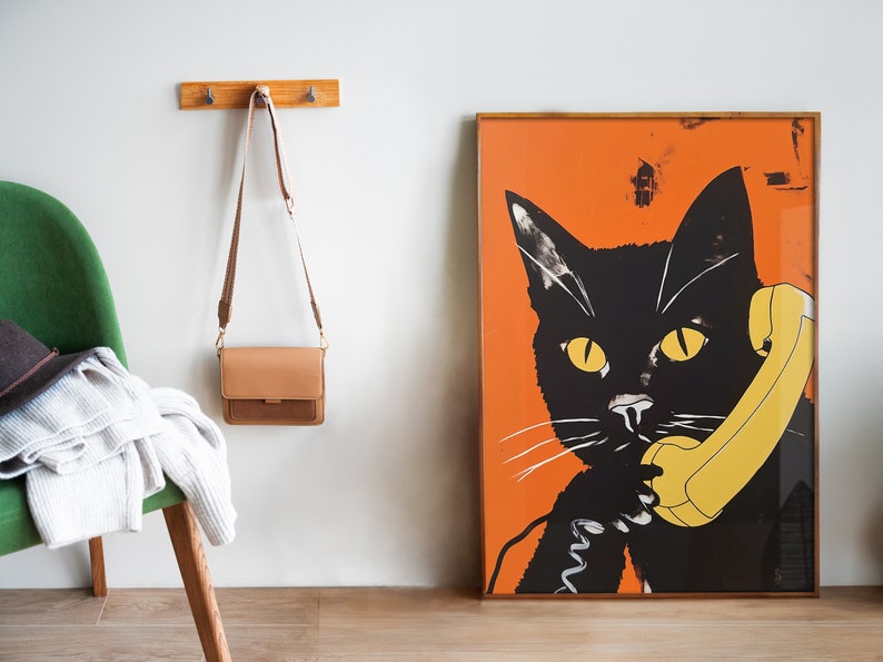 Retro Black Cat on Phone Art Print: Funny Maximalist Decor (digital ...