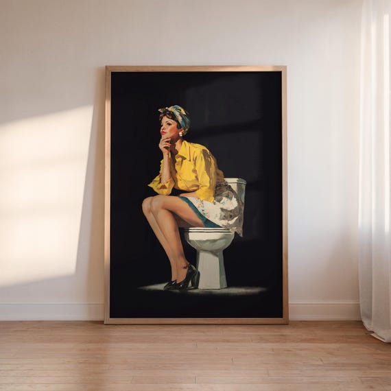 Funny Bathroom Art Toilet Humor Print Lady Poster for Restroom Wall Decor (Digital Download)