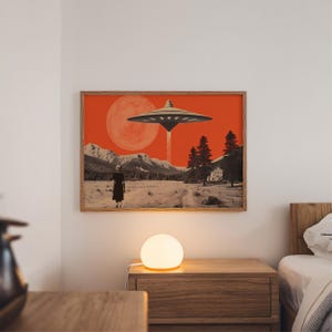 Vintage-style desert scene with a woman facing a hovering UFO near a small house, designed as a UFO poster with retro sci fi art and alien invasion art appeal.