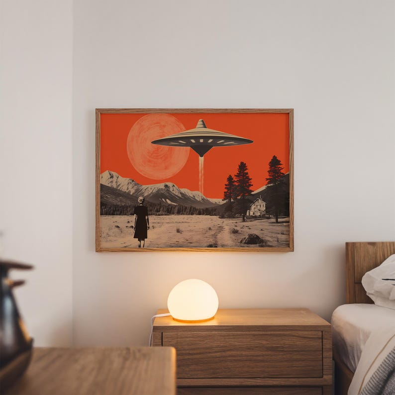 Vintage-style desert scene with a woman facing a hovering UFO near a small house, designed as a UFO poster with retro sci fi art and alien invasion art appeal.