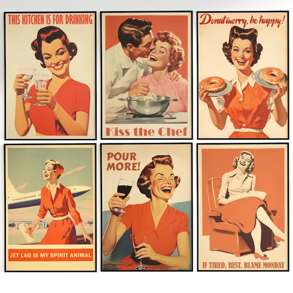 Lot de 6 impressions de cuisine rétro, art mural galerie de cuisine, impression de femme au foyer rétro, affiches vintage des années 50, 60, affiches amusantes, cadeau d'hôtesse de l'air pour salle à manger