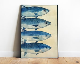 Pescado azul impresión sardinas arte impresión cocina pared arte retro pescado imprimible arte para lavandería baño náutico arte divertido pescado cartel casa de playa