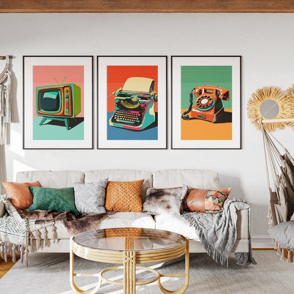 Eclectic Retro Print Set Poster Typewriter Art TV Print Retro Phone Poster Maximalist Wall Art Colorful Gallery Wall Office Print Set Retro