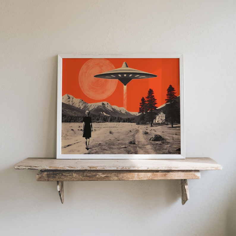 Vintage-style desert scene with a woman facing a hovering UFO near a small house, designed as a UFO poster with retro sci fi art and alien invasion art appeal.