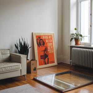 Orange retro vibe art workout poster with strong female figure and quote — motivational poster, gym wall art, home gym decor.