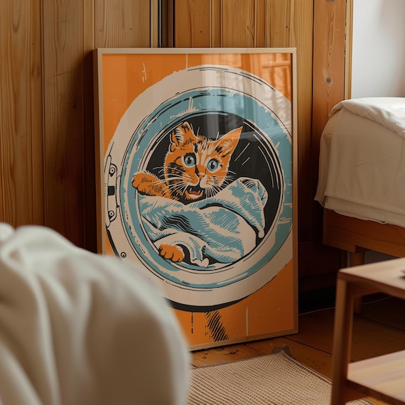 Laundry Room Decor Funny Cat Poster Washroom Wall Art Midcentury Modern Print (Digital Download)