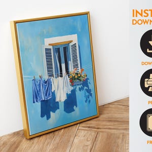 Blue Laundry Art Digital Print Utility Room Art Colourful Italy Art Farmhouse Wash Art Wash Room Decor Clotheline Art Hanging Laundry Print