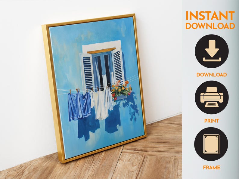 Blue Laundry Art Digital Print Utility Room Art Colourful Italy Art Farmhouse Wash Art Wash Room Decor Clotheline Art Hanging Laundry Print