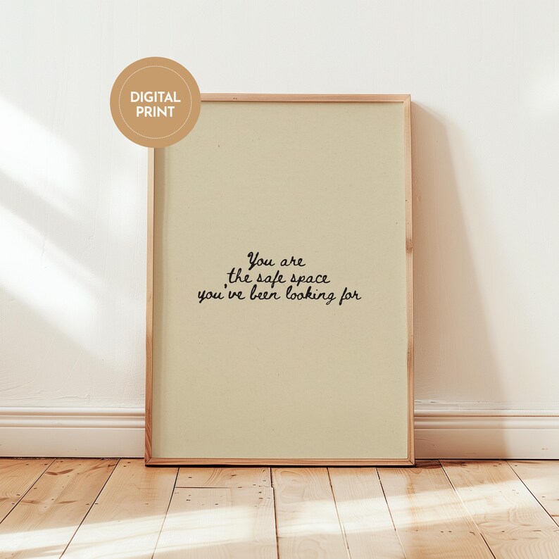 Minimalist typography on a beige background with the text: "This is a safe space, you are allowed to be yourself here."