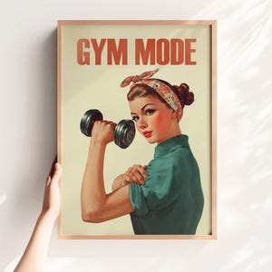 Gym Mode Retro Poster – Vintage Fitness Girl Print, Workout Wall Art, Girl Power Motivational Decor, Gym Art, Digital Print