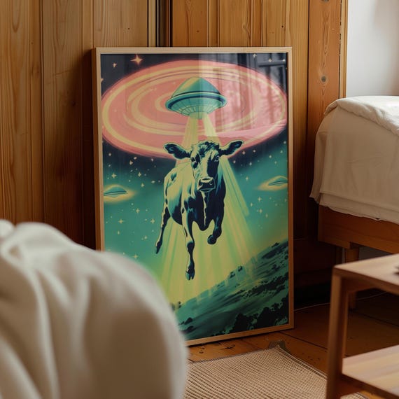 Futuristic Decor 1950s Sci-fi UFO Gift Space Age Wall Art Cow Abduction (Digital Download)