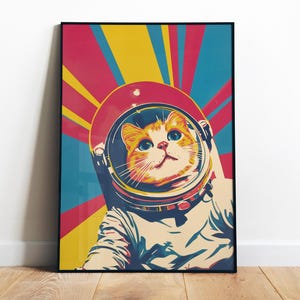 Funky Katze Art Druckbare Astronaut Wandkunst Retro Sci-Fi Print Weltraum Katze Kunstdruck Bunte 60er Jahre Dekor Maximalist Print