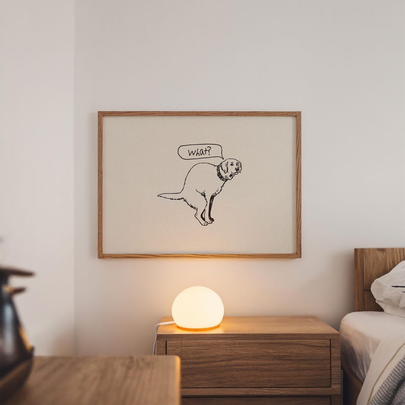 Line-drawn dog mid-potty with “what?” speech bubble — dog doodle poster, toilet humor art, line art dog, funny toilet art.