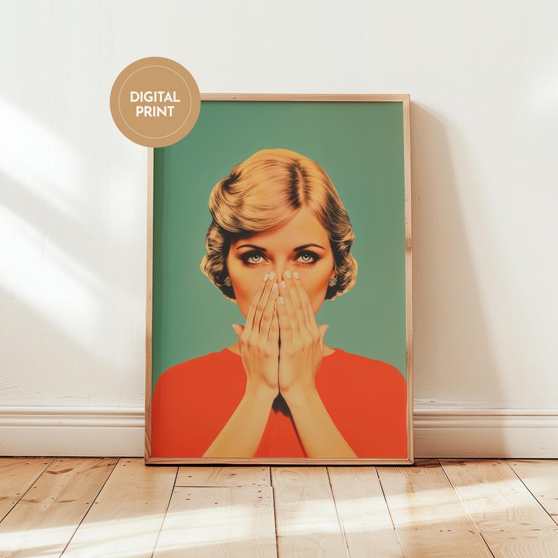 Humorous digital art of a vintage 1950s blonde woman in a red shirt holding her nose against a teal background; ideal for kitsch toilet decor or funny "stinky" bathroom wall styling.