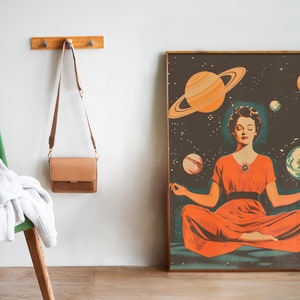 Retro Yoga Girl – Targa In Latta Decorativa Con Ragazza E Fiori, Citazione Ispiratrice Per Palestra E Casa