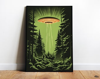 Fliegende Untertasse Kunstdruck UFO Wandkunst Alien Prints Ufo im Wald UFO-Poster 60er Jahre Druck Atomic Age Print Alien-Invasion Kunst Ufo-Poster