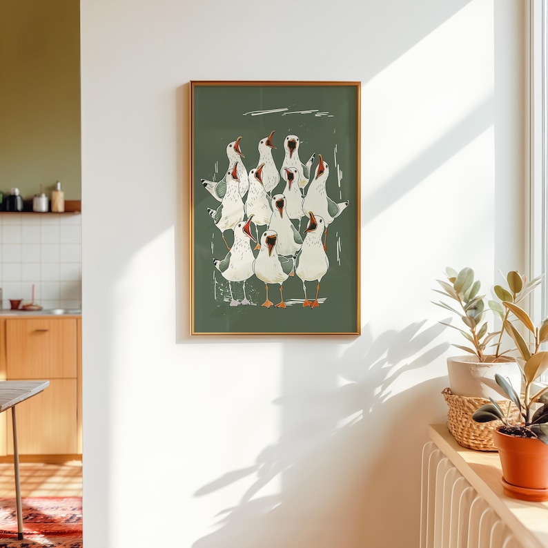 Illustration of a shouting seagull flock — seagull print, funny bathroom art, toilet wall art, sea bird decor.