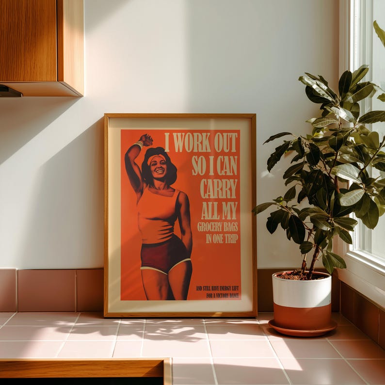 Orange retro vibe art workout poster with strong female figure and quote — motivational poster, gym wall art, home gym decor.