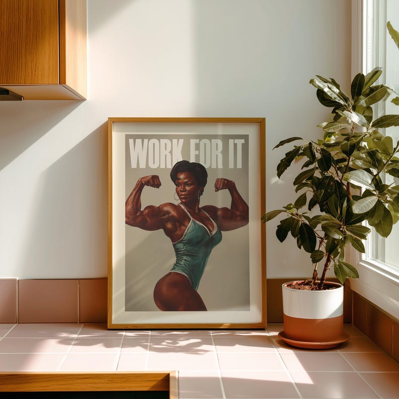 Midcentury Modern Style Gym art print depicting a strong black woman and a motivation quote "Work for it", perfect workout room decor for women.