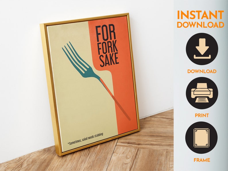 For Fork Sake Art Retro Kitchen Print Kitchen Wall Art Food Prints Cafe Art Hostess Gift Minimalistic Kitchen Art Funny Poster Fork Print