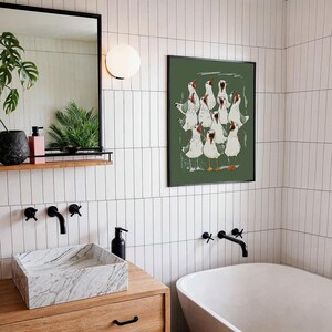 Illustration of a shouting seagull flock — seagull print, funny bathroom art, toilet wall art, sea bird decor.