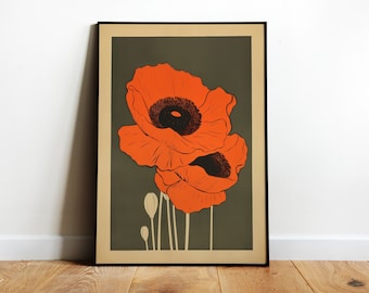 Retro Poppy Print Black Poppies 70 Print Retro Botanical Poster Poppy Flower Digital  Kitchen Wall Art Bathroom Print Vintage Floral Poster