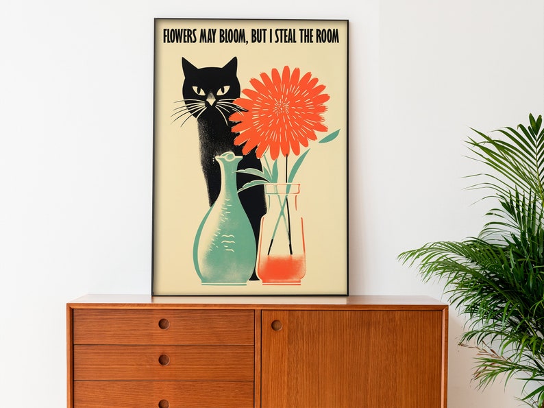 Black Cat Digital Print Funny Cat Poster Cute Kitten Illustration Cat Lover Gift Funny Wall Art Minimalistic Cat Poster 50s Silly Prints image 6