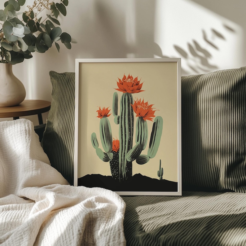 Saguaro art cactus print showing a blooming cactus with bright flowers, arizona art print in southwest wall art style, nature poster for desert decor art and succulent wall art.