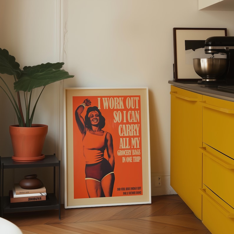 Orange retro vibe art workout poster with strong female figure and quote — motivational poster, gym wall art, home gym decor.