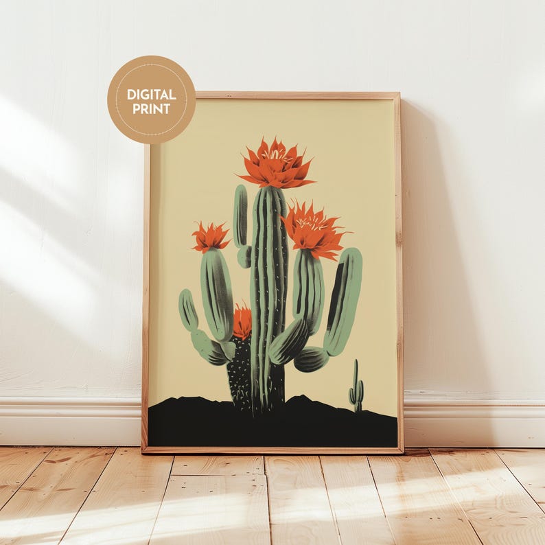 Saguaro art cactus print showing a blooming cactus with bright flowers, arizona art print in southwest wall art style, nature poster for desert decor art and succulent wall art.
