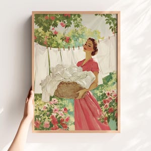Retro Laundry Wall Art – Vintage Woman with Basket & Roses Digital Print – Romantic Utility Room Decor, Download