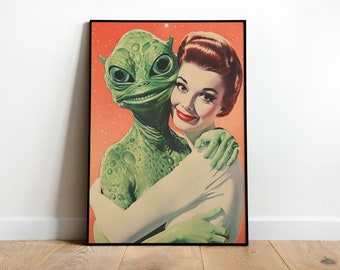 Aliens Print Vintage Sci Fi Poster 50s Style Posters Alien Art Print Weird Alien Love Print Retro Print Funny Poster Maximalist Wall Art