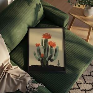 Saguaro art cactus print showing a blooming cactus with bright flowers, arizona art print in southwest wall art style, nature poster for desert decor art and succulent wall art.