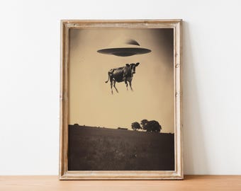 Cow Abduction Retro Print: Sci-Fi UFO Wall Art (Digital Download)