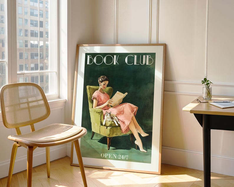 Book Club Wall Art – Retro Woman Reading Digital Print Cat, Vintage Book Lover Decor, Literary Poster, Reading Nook Printable