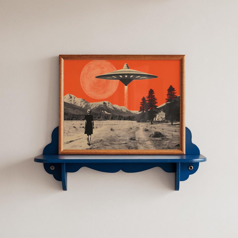 Vintage-style desert scene with a woman facing a hovering UFO near a small house, designed as a UFO poster with retro sci fi art and alien invasion art appeal.