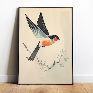 Impresión de golondrina, impresiones retro digitales, póster de golondrina, arte de pared de golondrina neutral, póster de pájaro, arte de pared elegante, impresión de naturaleza, impresión minimalista de pájaro