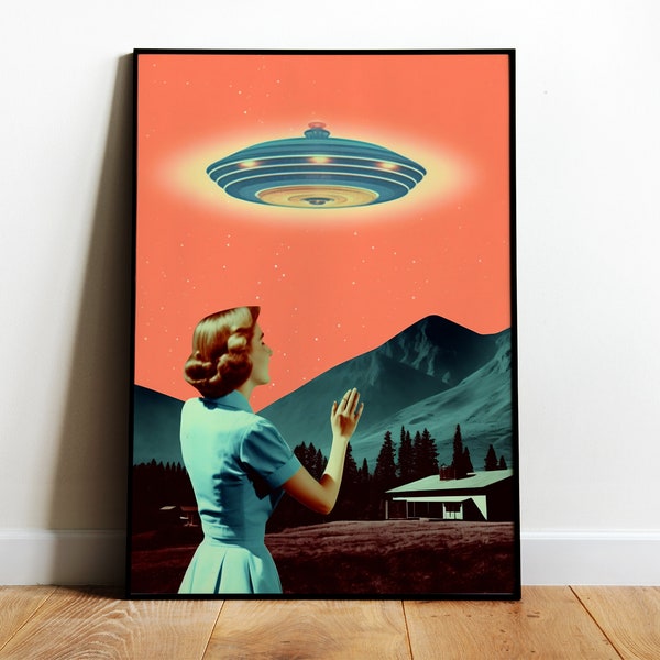 UFO Abduction Art Alien Art Print UFO Wall Decor Vintage Scifi Poster Retro Scifi Art Print Instant Download 50s Wall Art Flying Saucer Art