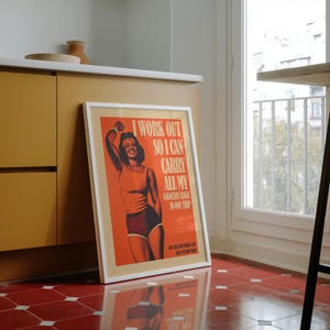 Orange retro vibe art workout poster with strong female figure and quote — motivational poster, gym wall art, home gym decor.