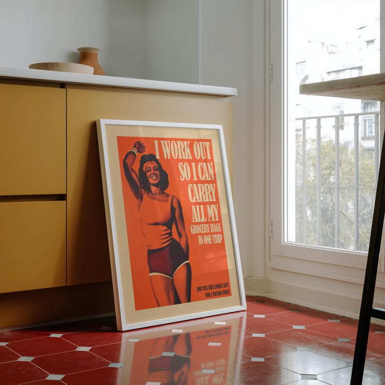 Orange retro vibe art workout poster with strong female figure and quote — motivational poster, gym wall art, home gym decor.